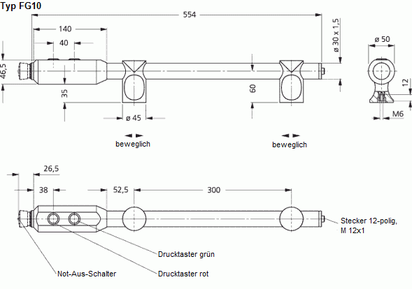 Technische Zeichnung des Funktionsgriffs FG10 mit Bemaßungen und Markierungen der Drucktaster, Not-Aus-Schalter und beweglichen Griffschenkel